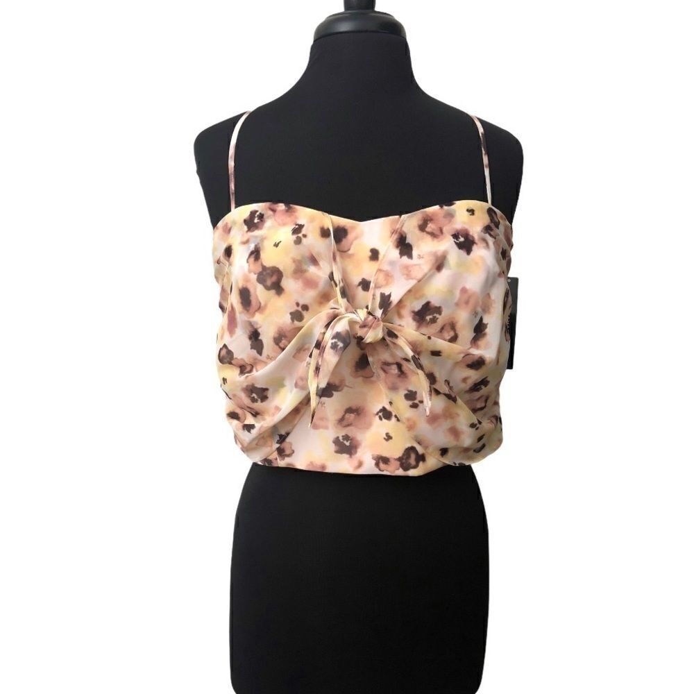 Tahari Arthur Levine Floral Bow Front Crop Top Cream Wildflower Blouse Sz L
